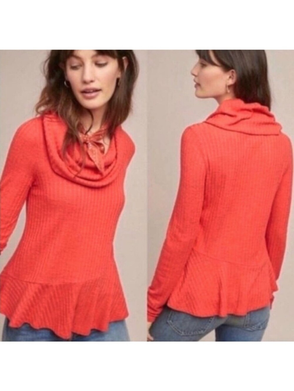 Anthropologie Maeve Winterscape Sweater  Ribbed Red-Orange Cowl Neck Size Small